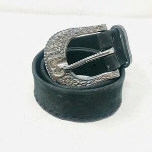 GH Gilles Herve Black Leather Silver Buckle Belt